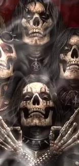 Dark gothic skull art with intricate eerie details and figures.