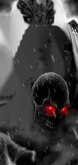 Dark skull with glowing red eyes in a gothic setting.