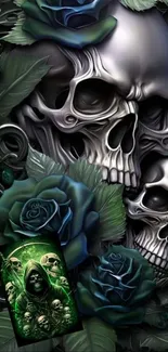 Dark gothic skull wallpaper with roses and intricate details.