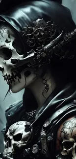 Gothic figure with intricate skull art.