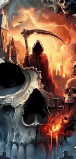 Dark gothic skull art with hooded figure and fiery backdrop