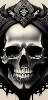 Gothic skull with ornate headgear on dark background.