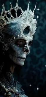 Dark gothic skull queen with crown on blue background.