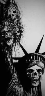 Gothic dark Statue of Liberty with skulls in black and white wallpaper.