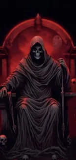 Gothic wallpaper with hooded skull sitting on a throne, radiating red ambiance.