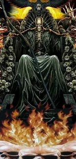 Gothic throne surrounded by flames and skulls in dark wallpaper.