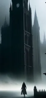 Gothic tower silhouette surrounded by fog in dark atmospheric setting.