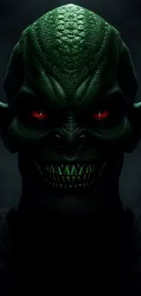 Dark green alien face with red eyes on a shadowy background.