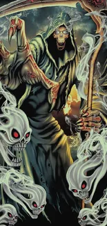 Mobile wallpaper featuring a Grim Reaper surrounded by ghostly skulls.