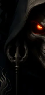 Grim reaper with glowing red eye in dark wallpaper.