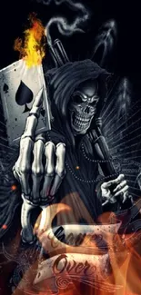 Grim Reaper with flaming card in dark design.