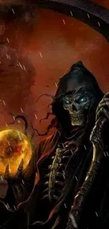 Grim Reaper holding orb in fiery background.