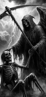 Gothic grim reaper with skeleton in a dark, moody setting.