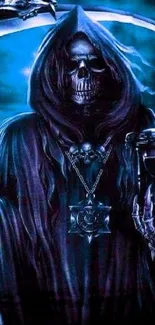 Grim Reaper with scythe and hourglass in dark blue mist.