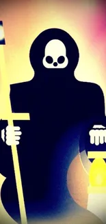 Illustrated grim reaper holding a lantern in dark tones.