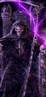 Grim reaper on throne with skulls and purple lightning.