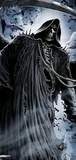 Grim Reaper in a dark, gothic themed wallpaper with bats and eerie atmosphere.