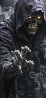 Hooded Grim Reaper with glowing eyes and smoke.