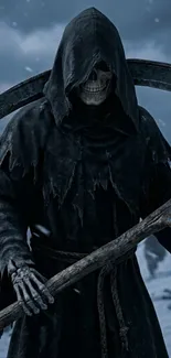 Grim Reaper in dark robes with snowy background.