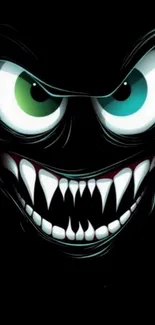 Dark, grinning creature with piercing eyes on black background mobile wallpaper.