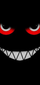 Mysterious face with red eyes and a grinning mouth on dark background.