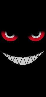 Dark wallpaper with grinning face and red eyes on black background.