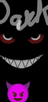 Dark wallpaper featuring a grinning face and purple devil emoji.