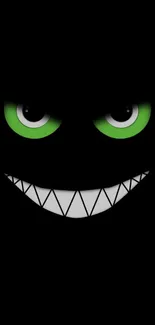 Dark wallpaper with a grinning face and green eyes on a black background.