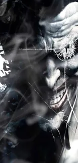 Dark monochrome wallpaper with sinister smile and shattered glass effect.