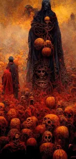 Dark Halloween art with skulls and pumpkins in vivid orange hues.