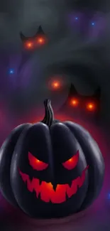 Spooky black pumpkin with glowing eyes in a dark, foggy background.