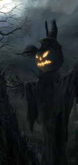 Spooky scarecrow with glowing eyes under a dark night sky.