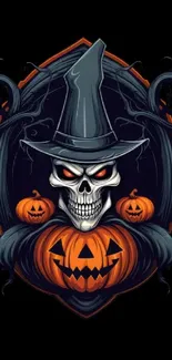 Halloween skull with pumpkins and witch hat on dark background.