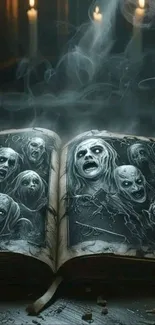 Haunted book with ghostly faces and eerie candles.
