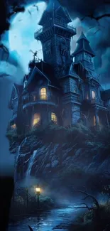 Haunted gothic castle under a dark, cloudy sky with eerie lighting and mist.