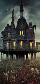 Eerie haunted house in dark Gothic style, with glowing windows at night.