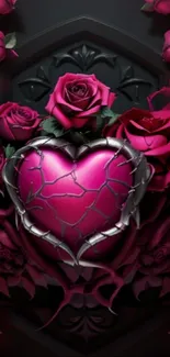 Dark cracked heart surrounded by roses.