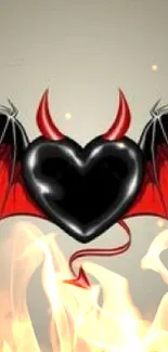 Dark heart with red devil wings and tail on a beige background.