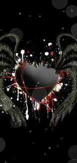 Dark heart with wings and splatter art on black background.