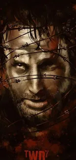 Intense dark hero depicted with barbed wire in moody mobile wallpaper.