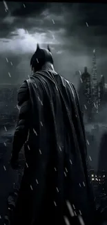 Dark hero overlooking a rainy cityscape at night.