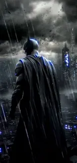 Superhero overlooking a rainy cityscape at night.