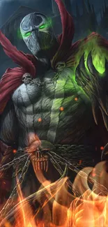 Dark fantasy artwork of a hero with red cape and green glow.