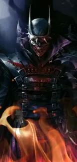 Dark hero with flames mobile wallpaper for a dramatic look.