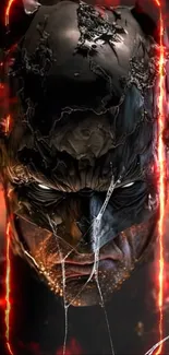 Fiery dark hero with a mask engulfed in flames.