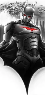 Futuristic dark hero with red emblem and city background.