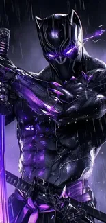 Dark hero with sword in rain, glowing purple details.