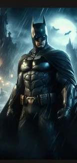 Superhero in a dark, rainy cityscape with a moonlit background.