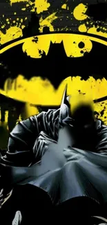 Dark hero silhouette against a bright yellow background in comic style wallpaper.