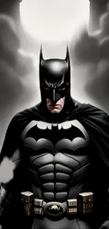 Dark-themed superhero mobile wallpaper featuring a caped figure.